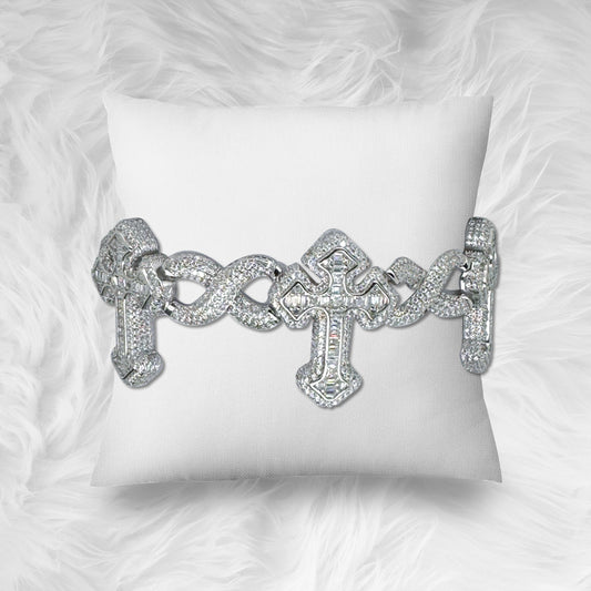 Infinity 3D Cross Moissanite Diamond Baguette Iced Silver Bracelet