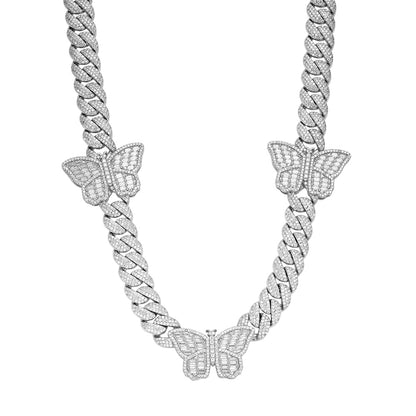 Sterling Silver Moissanite Diamond Baguette Butterfly Cuban Necklace