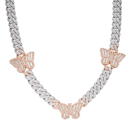 Moissanite Diamond Butterfly Miami Cuban Two Tone Rose 925 Silver Necklace