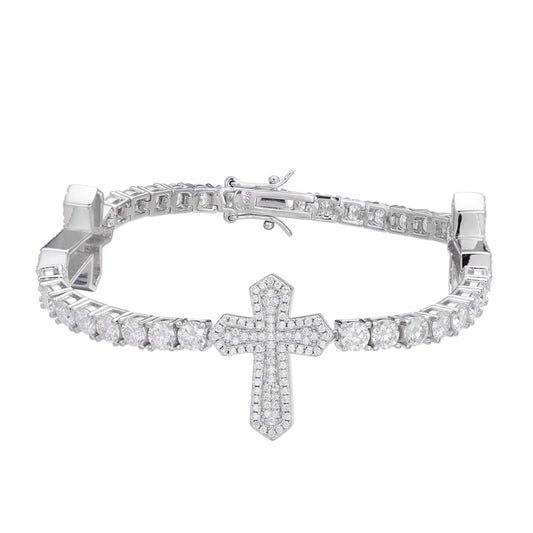 S.Silver Moissanite Diamond Cross One Row Tennis Bracelet