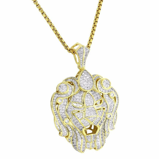 Zar Lion Head Pendant 14k Gold Tone Simulated Diamonds Bling 24" Free Chain