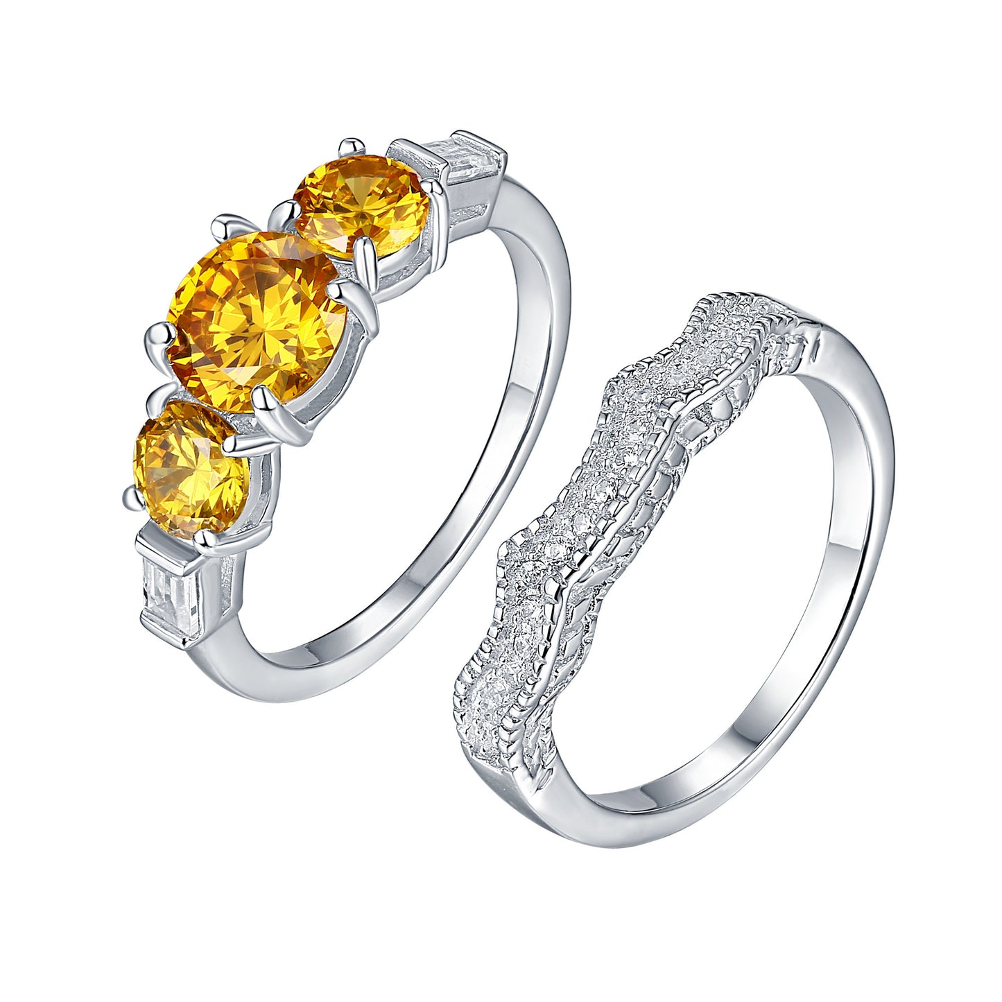 Canary 3 Solitaire Ring Band Set Bridal Engagement Set 925 Silver