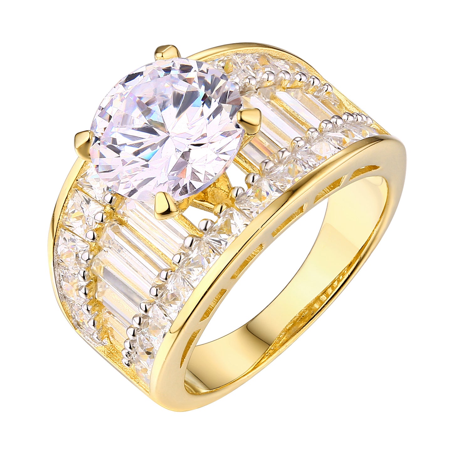 Round Cut Solitaire Ring Ladies Bridal Engagement Gold On 925 Silver Cubic Zircon