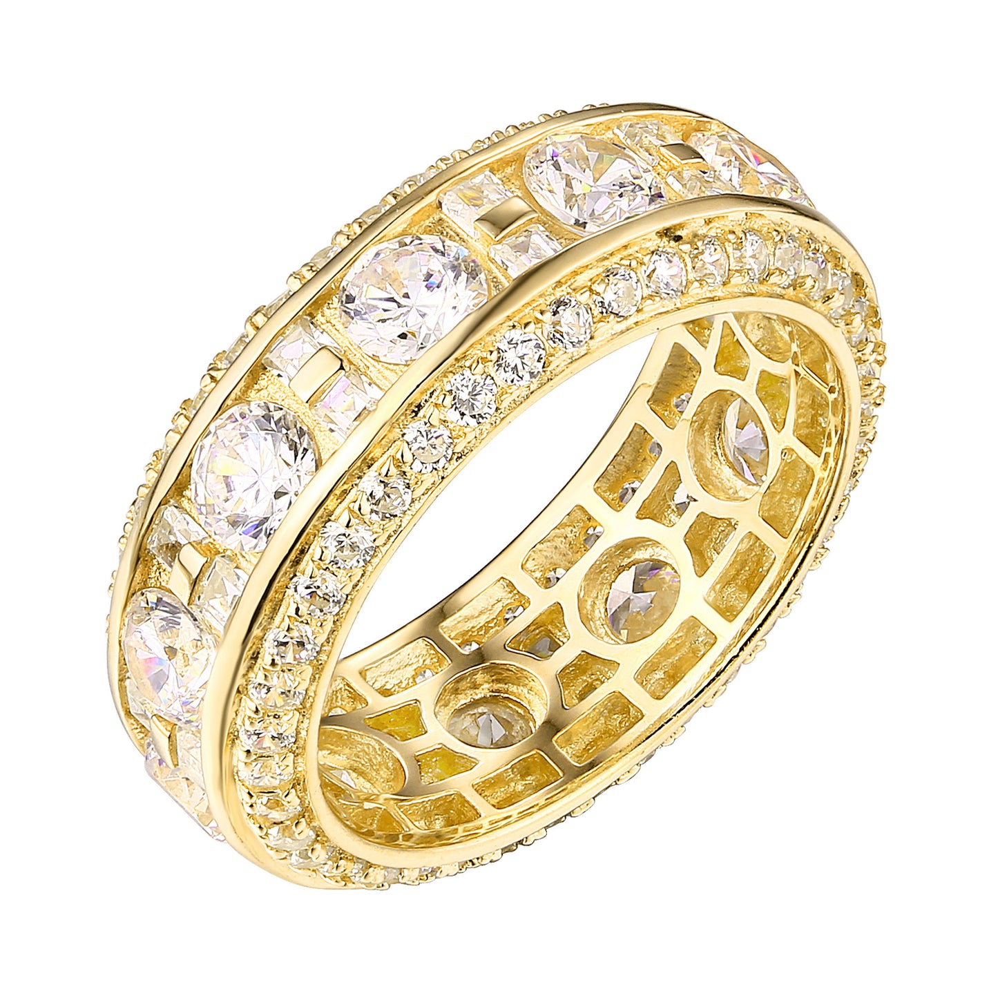Round Cut Eternity Ring Wedding Bridal Sterling Silver Gold Finish Cubic Zirconia