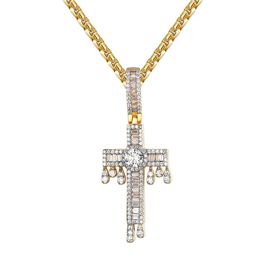 Dripping Solitaire Jesus Cross Religious Baguette Icy Pendant