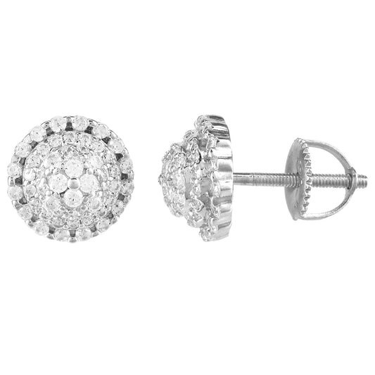Sterling Silver Round Solitaire Cluster 3D Screw Back Earrings