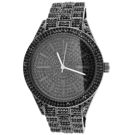 Techno Pave Bling Band Round Black Face Custom Mens Watch