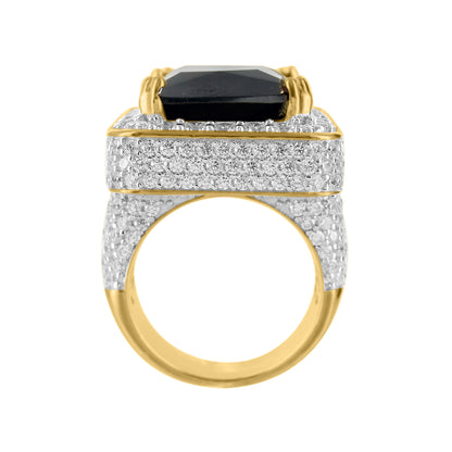 14k Gold Tone Black Onyx Gemstone Sterling Silver CZ Mens Ring