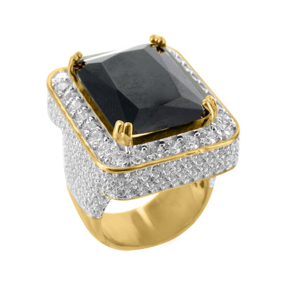 14k Gold Tone Black Onyx Gemstone Sterling Silver CZ Mens Ring