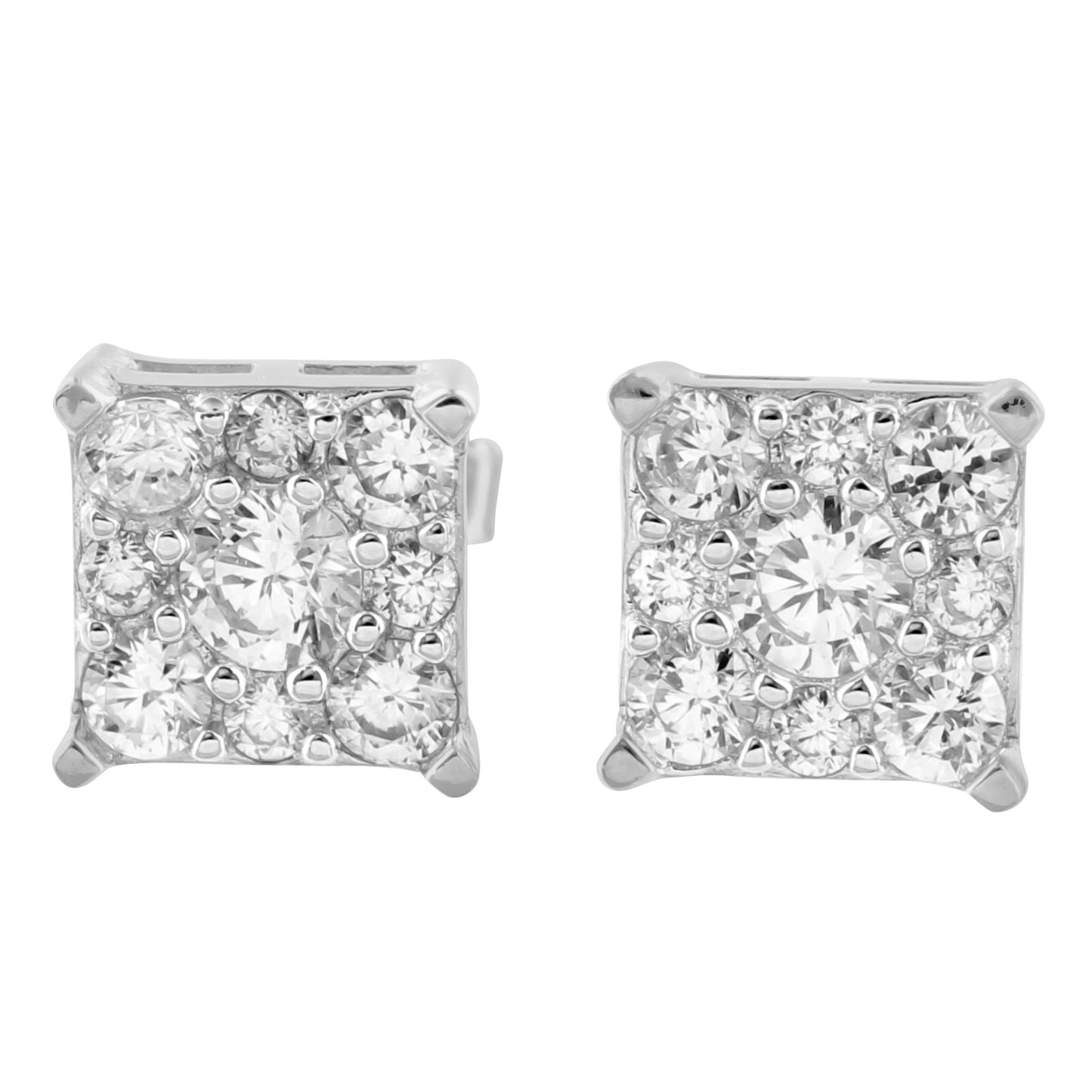 Sterling Silver Square Earrings White Gold Finish Cluster Lab Diamond