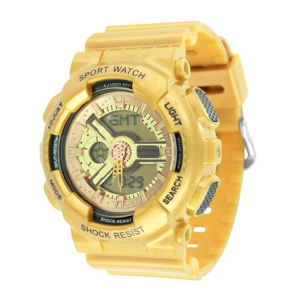 Metallic Gold Digital Wristwatch For Men Big Face Bold Steel Resin Light Watch