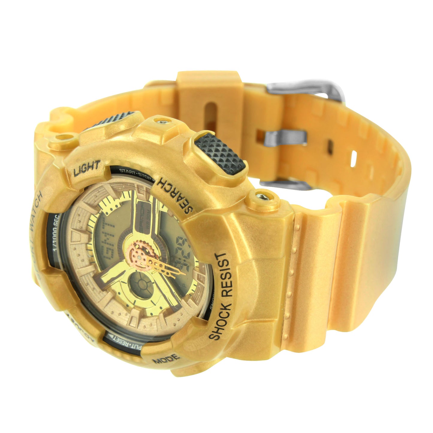 Metallic Gold Digital Wristwatch For Men Big Face Bold Steel Resin Light Watch