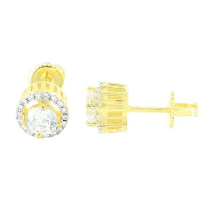 Gold Finish Solitaire Earrings Round Screw Back