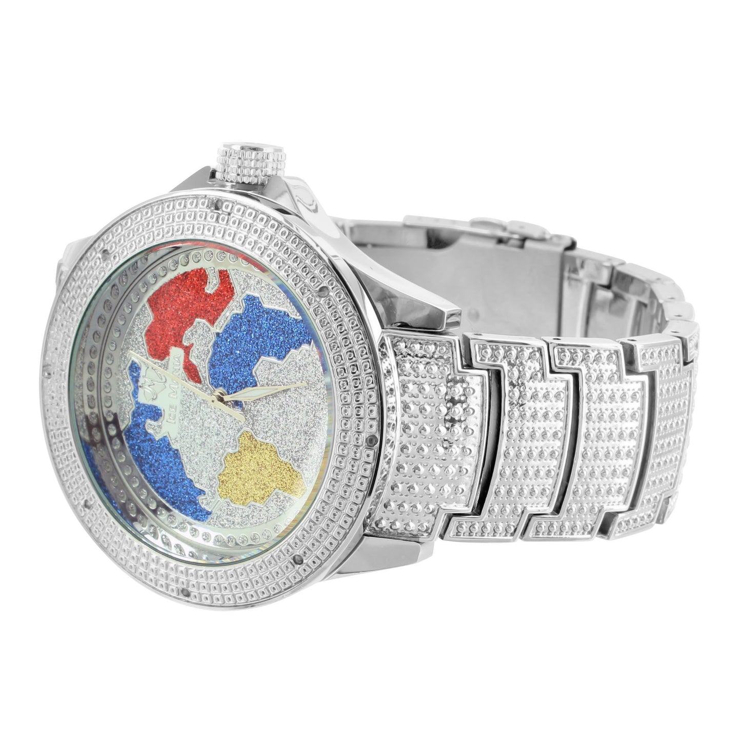 Genuine Diamond World Map Dial Multi Color Ice Time White Finish Watch