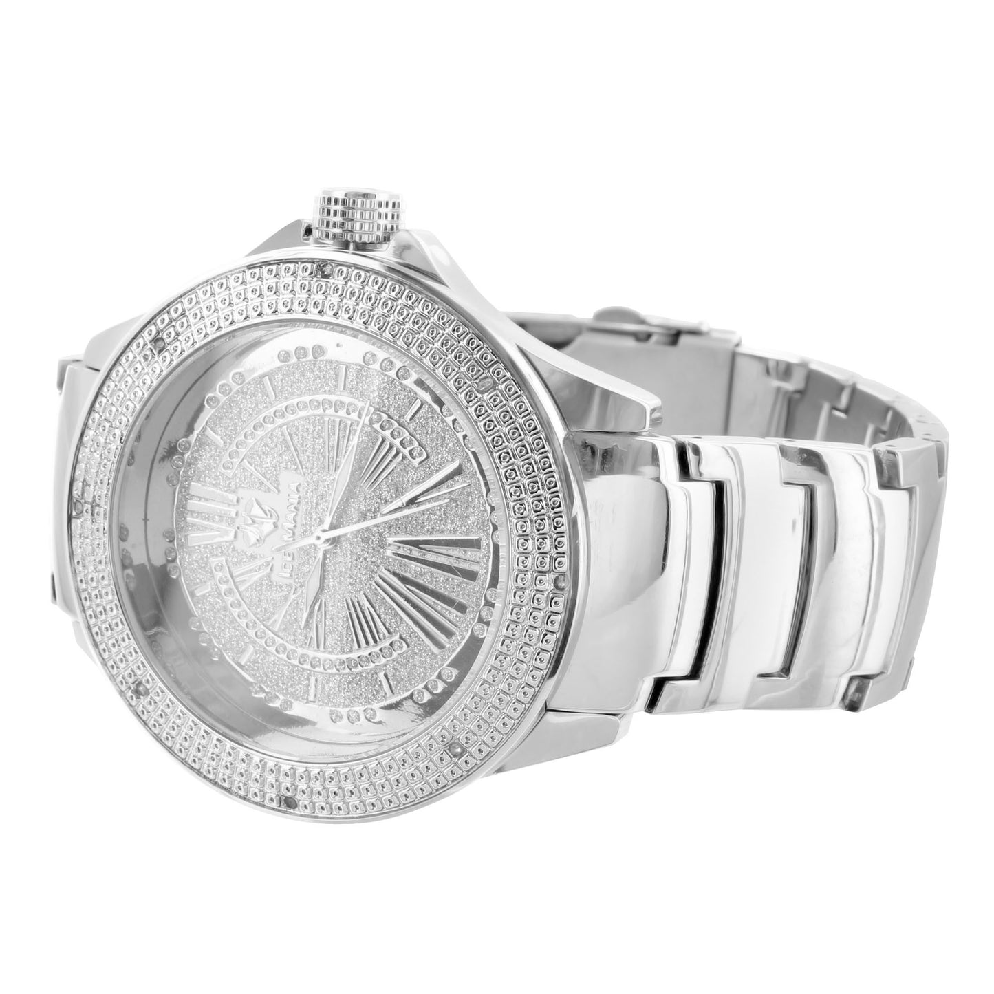 Roman Numeral 14k White Gold Finish Real Diamond Watch With Metal Band
