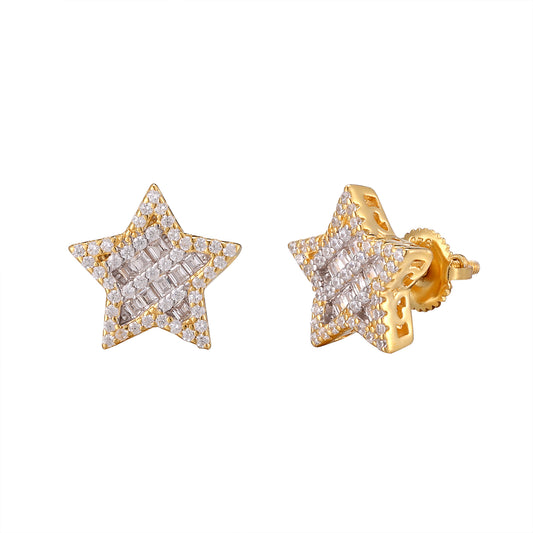 Big Baguette Star 3D 14K Yellow Gold Finish .925 Earrings