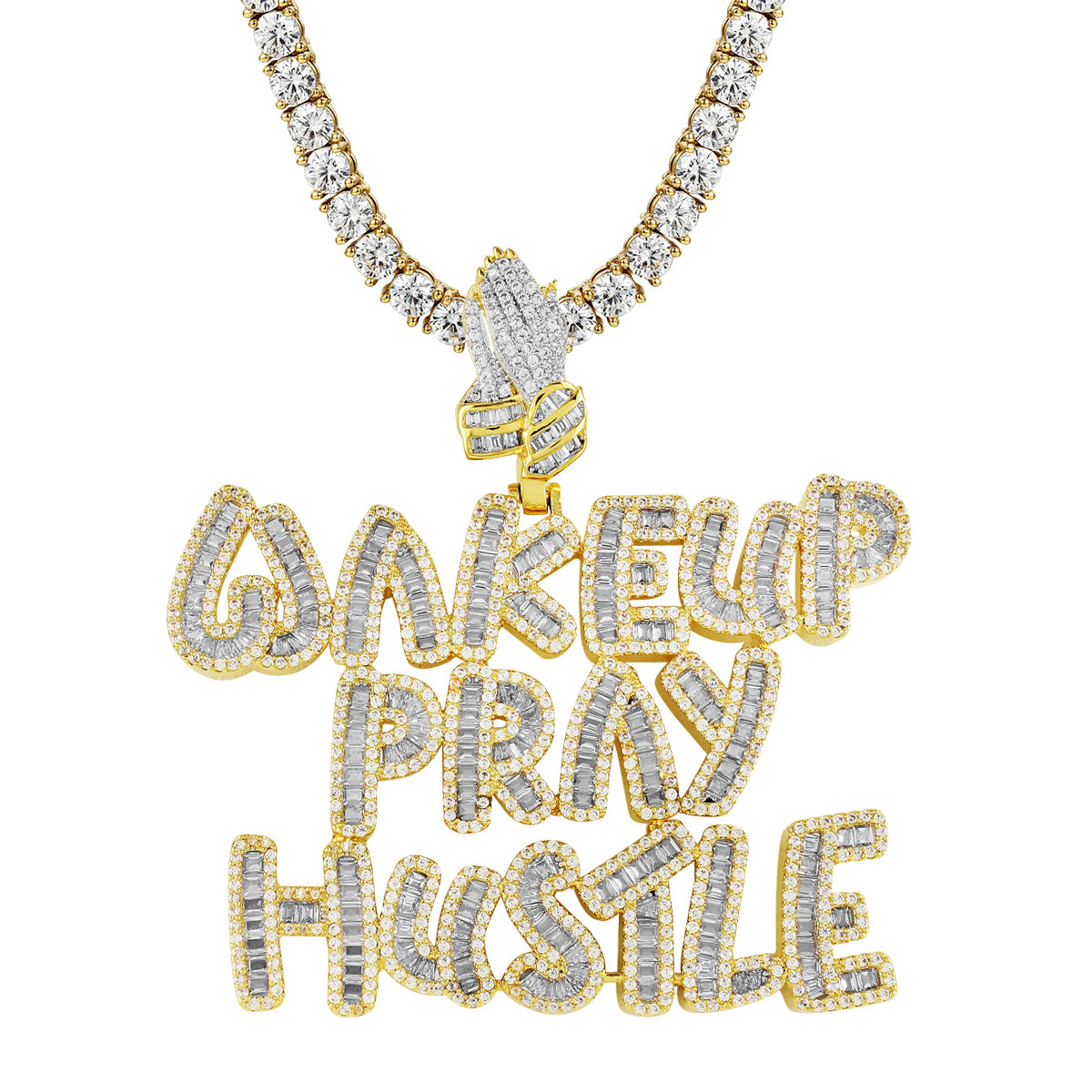 Baguette Wakeup Pray Hustle Icy Hip Hop Yellow Tone Pendant