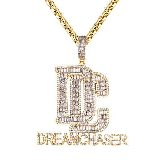 Yellow Gold Tone Baguette DC Dream Chaser Icy Mens Pendant