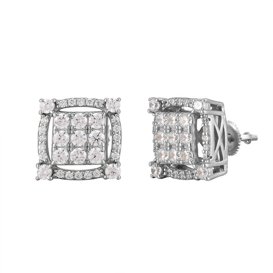 Square Cut Out Solitaire Prongs White Gold Finish Silver Earrings