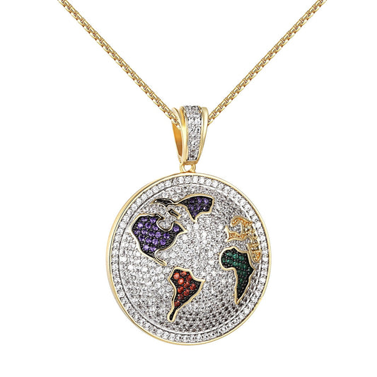 World Pendant  Simulated Diamonds Stainless Steel Necklace 24"