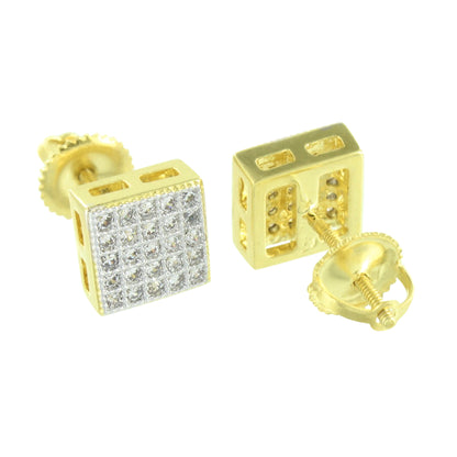 Gold Finish Square Earrings Screw Back Micro Pave