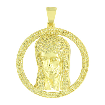 14K Gold Finish Jesus Design Round Pendant Unique Yellow Lab Created Diamonds