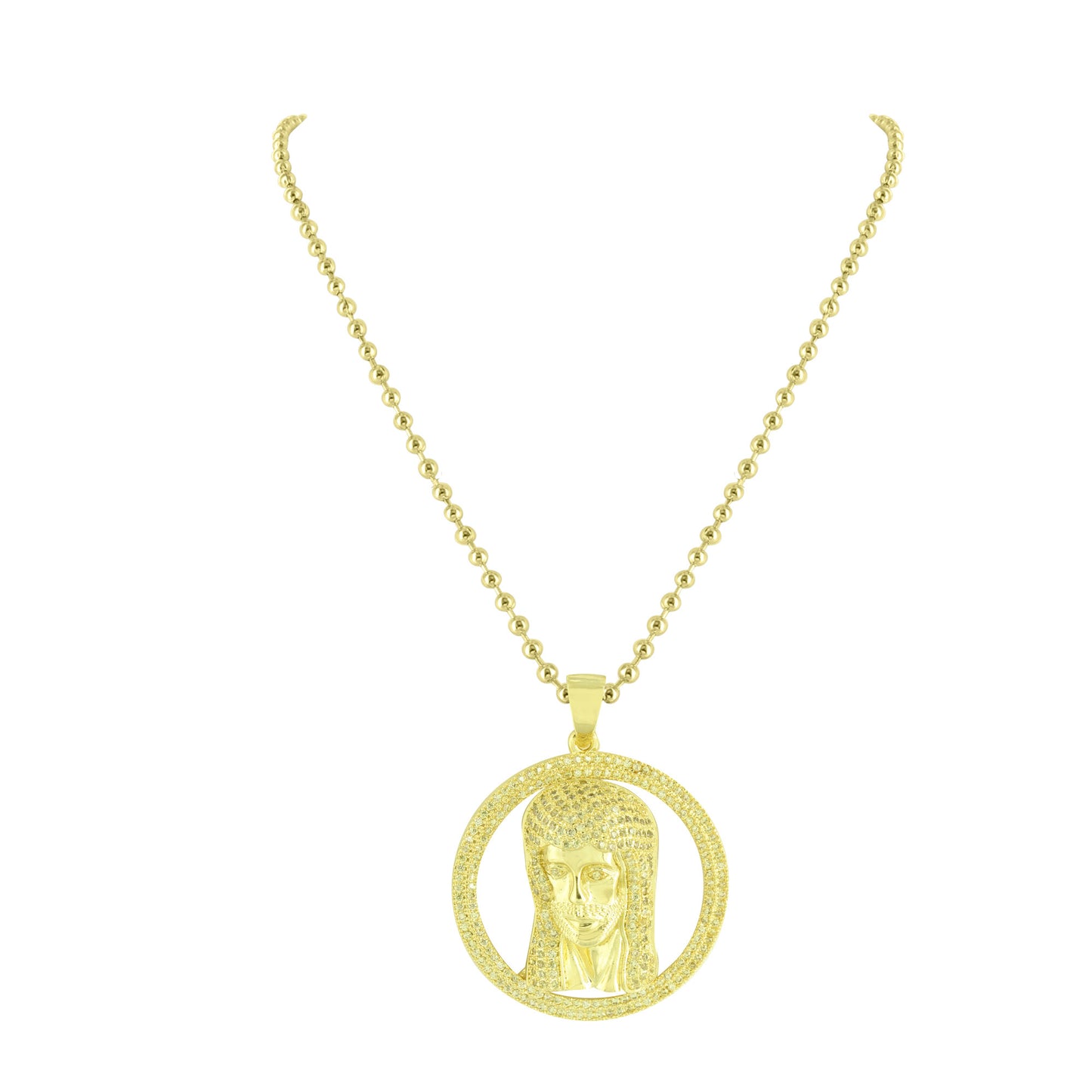 Jesus Pendant Stainless Steel Necklace 14K Gold Finish Yellow Lab Create Diamond