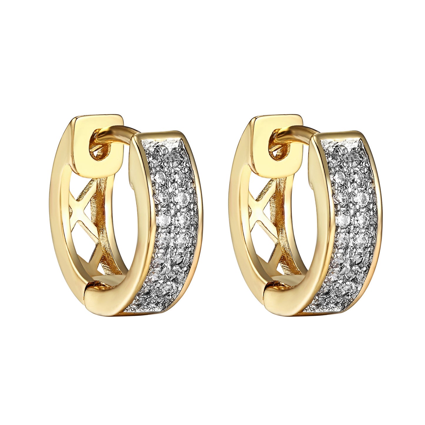 Hoop Huggie Earrings 14k Gold Finish Clip On Simulated Diamonds Mens Womens Pave