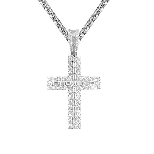 14K White Gold Tone Baguette Cross Religious Custom Pendant