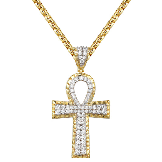 Sterling Silver Nugget Design Ankh Cross Pendant Chain