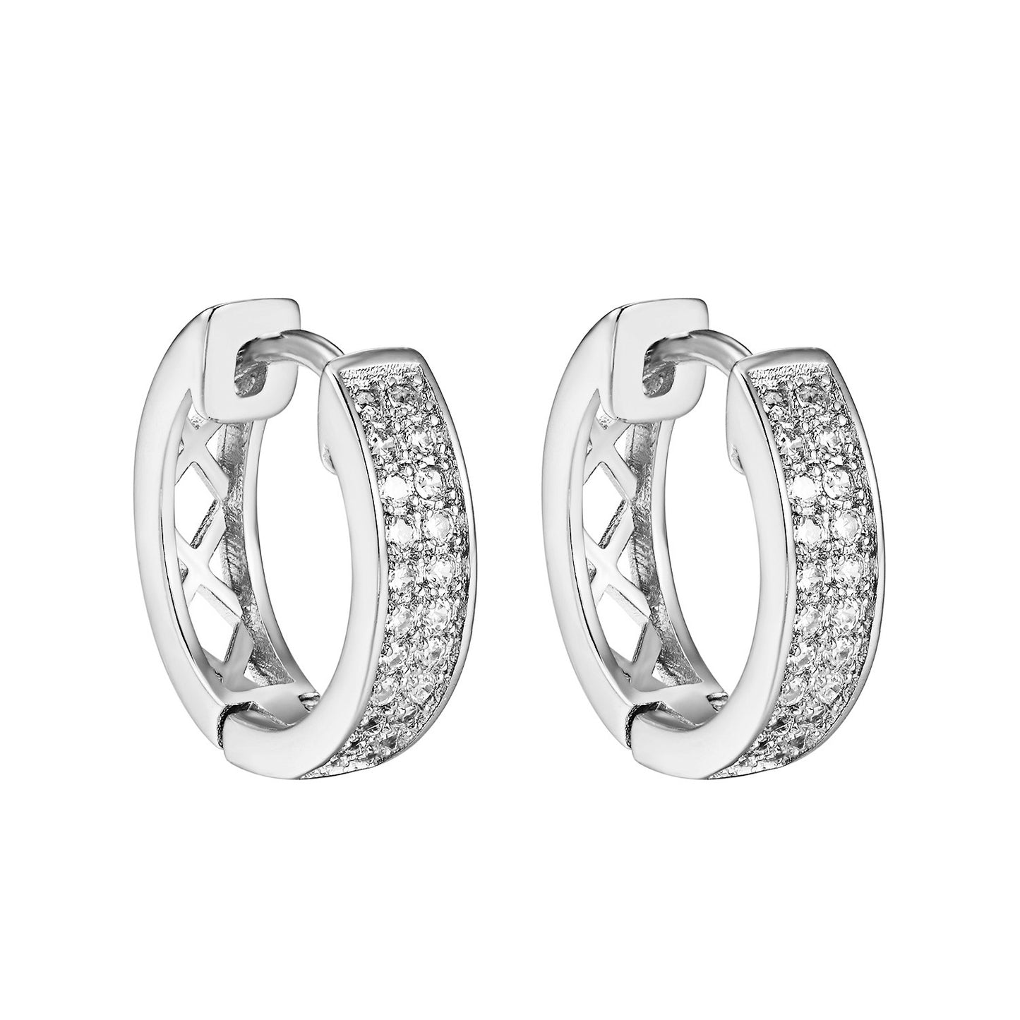 Hoop Huggie Earrings Silver Tone Simulated Diamonds Round Cut Stylish Men Womens