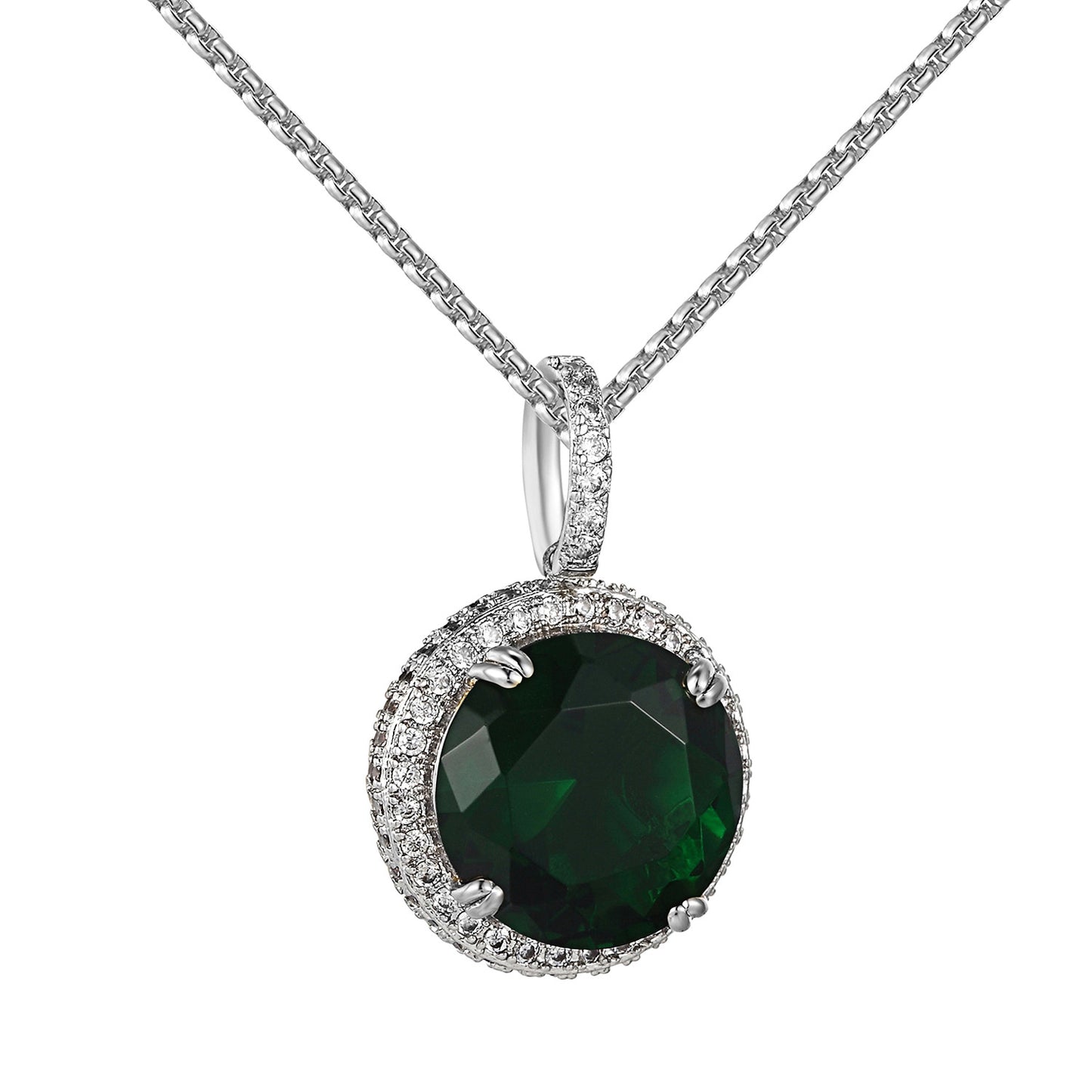Hip Hop Green Ruby CZ Solitaire Pendant Stainless Steel Free Necklace Charm Set