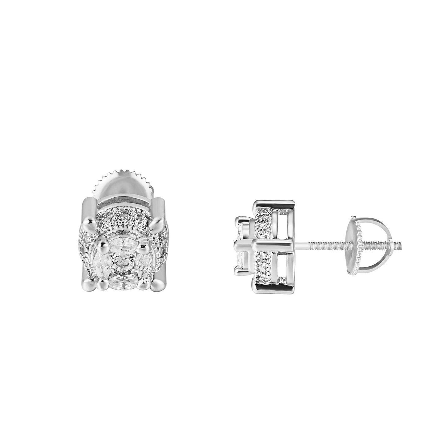 Solitaire Marquise Cut Earrings Prong Silver Tone Simulated Diamonds Screw On