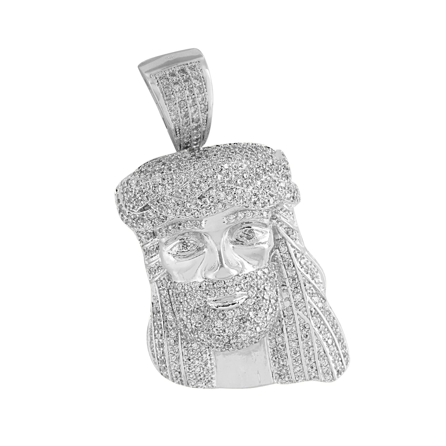 Jesus Face Pendant White Rhodium Finish Charm Lab Diamonds