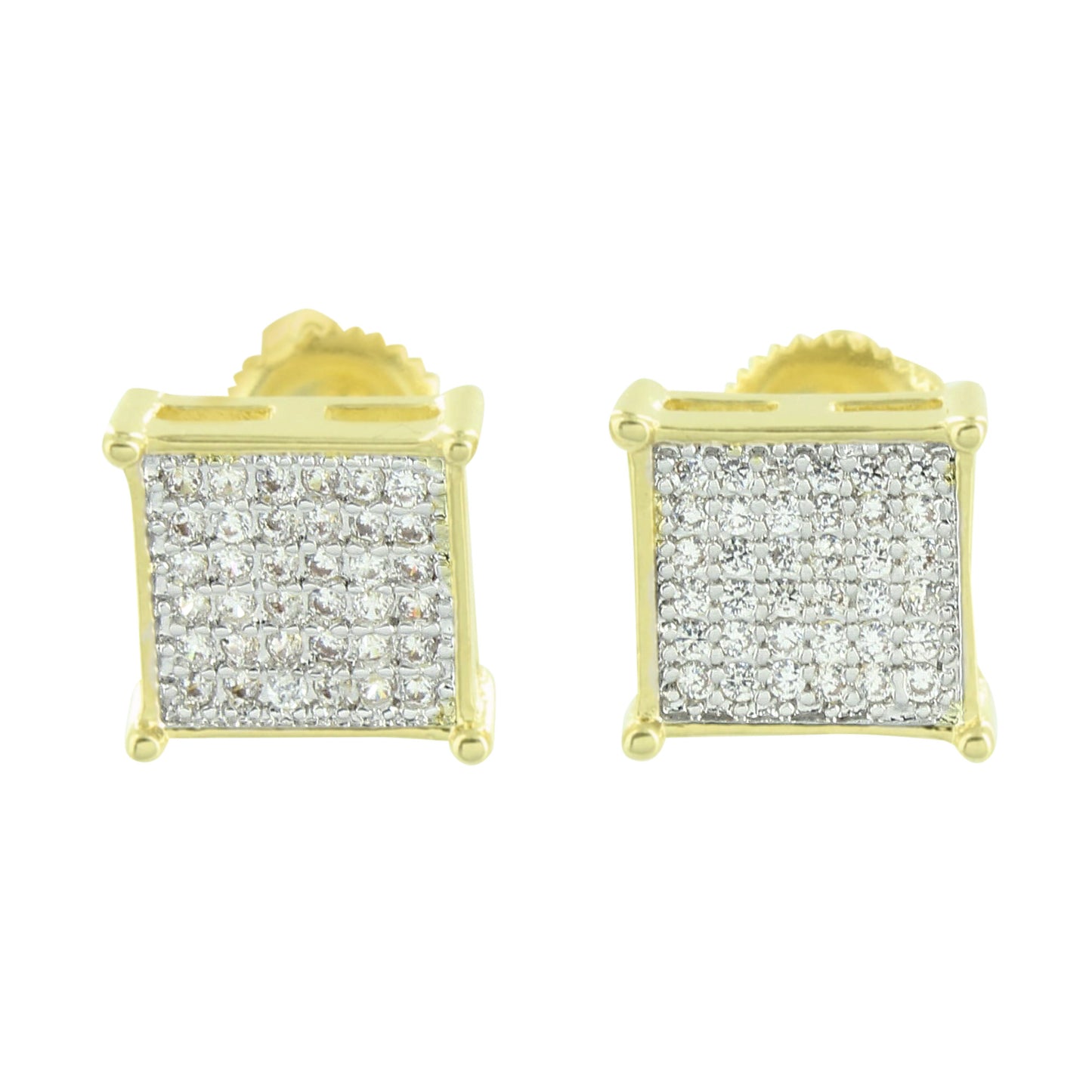 Screw Back Square Earrings Micro Pave Yellow Gold Finish 8 MM