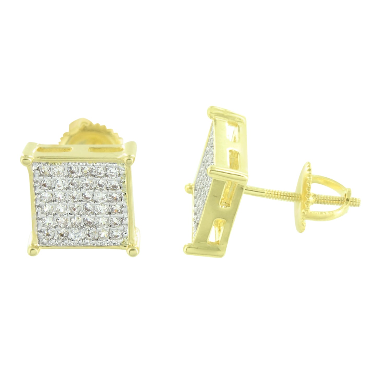 Screw Back Square Earrings Micro Pave Yellow Gold Finish 8 MM