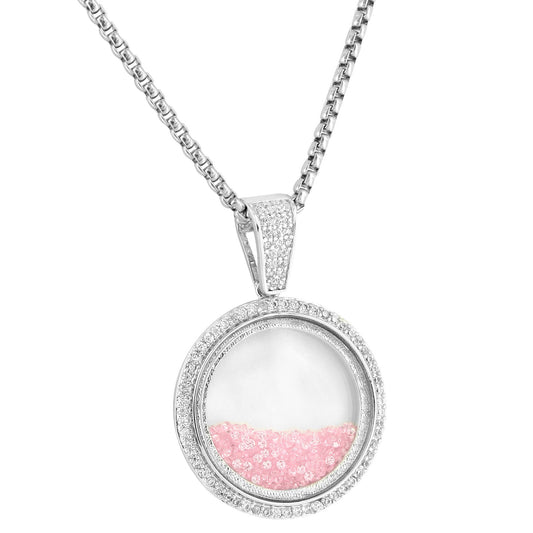 Pink Floating Stones Pendant Glass Style Charm Silver Tone  Free Chain