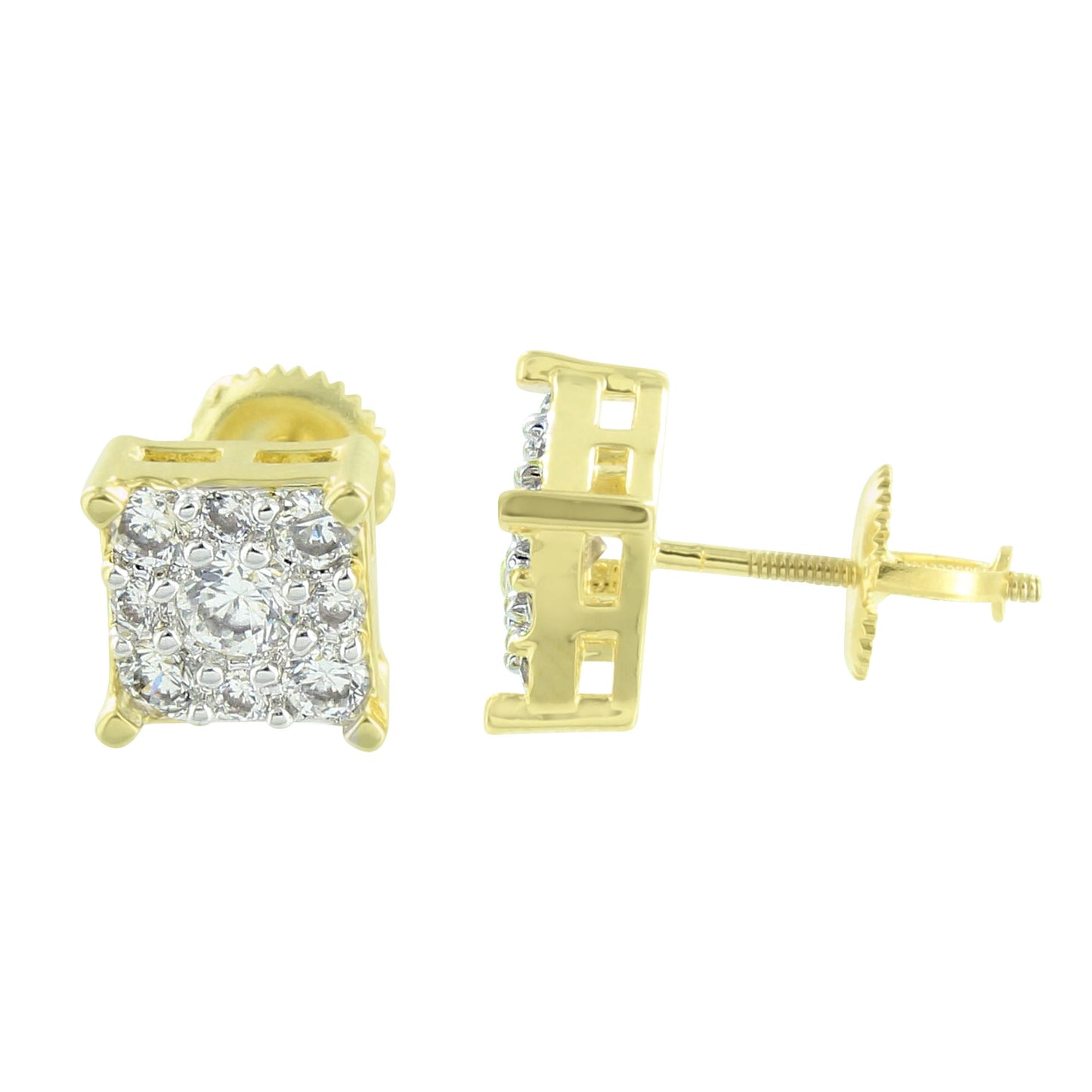 Cluster Earrings Square Shape Screw Back 14K Gold Finish Lab Diamond