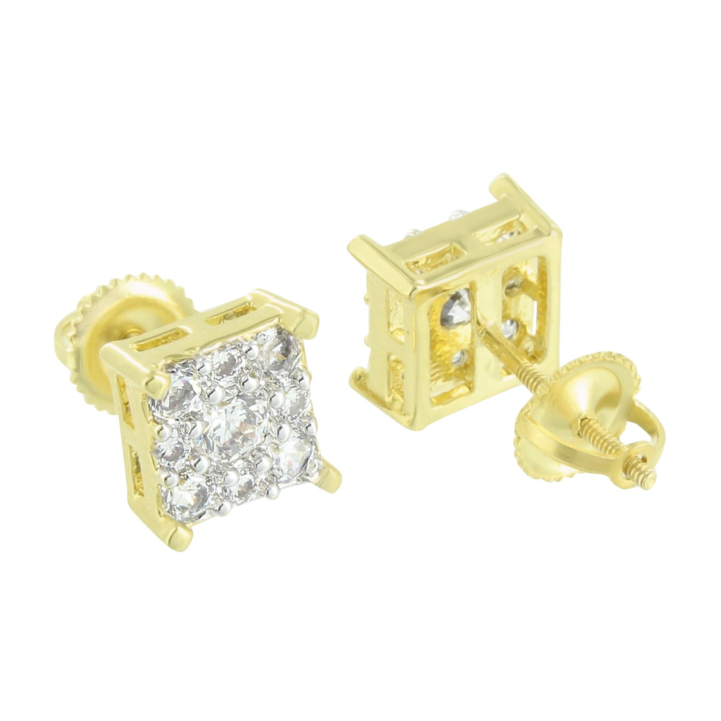 Cluster Earrings Square Shape Screw Back 14K Gold Finish Lab Diamond