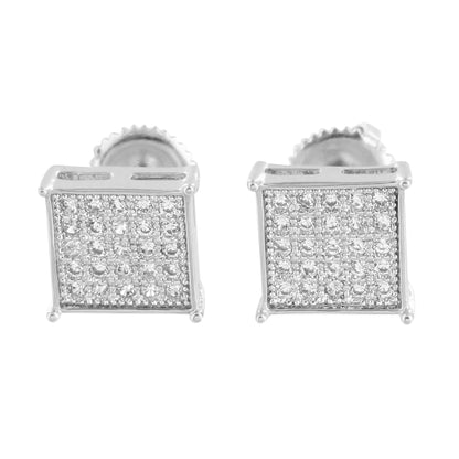 White Gold Square Earrings 14K Finish Micro Pave Screw Back