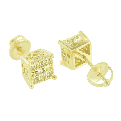 Yellow Gold Finish Square 3D Earrings Mens Womens