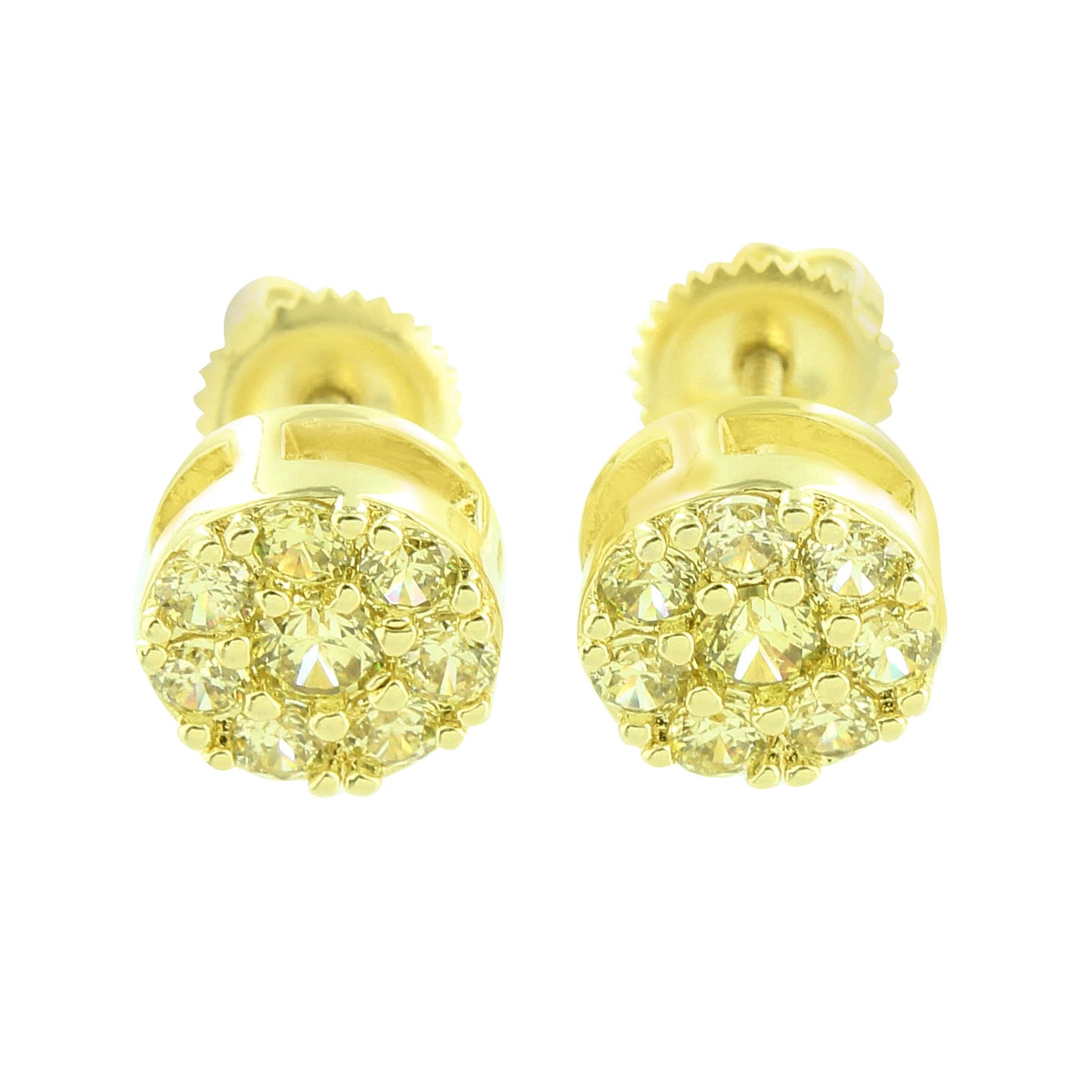 Cluster Set Round Earrings Canary Lab Diamond Screw Back 14k Yellow Gold Finish