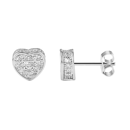 Sterling Silver Designer Fully Bling 14k White Gold Finish Heart Stud Push Back Earrings