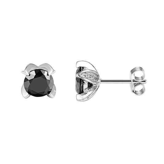 Classic Black Solitaire Flower Petal Style Bling  Silver 14k Rhodium Finish Stud Earrings