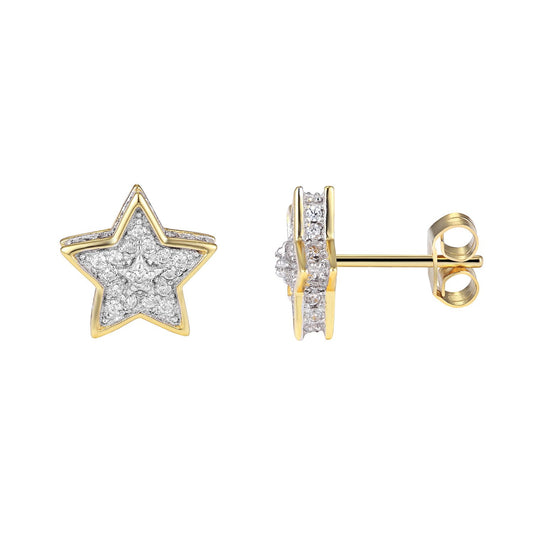 Sterling Silver Star Shape 3D Micro Pave Bling 14k Gold Finish Stud Earrings