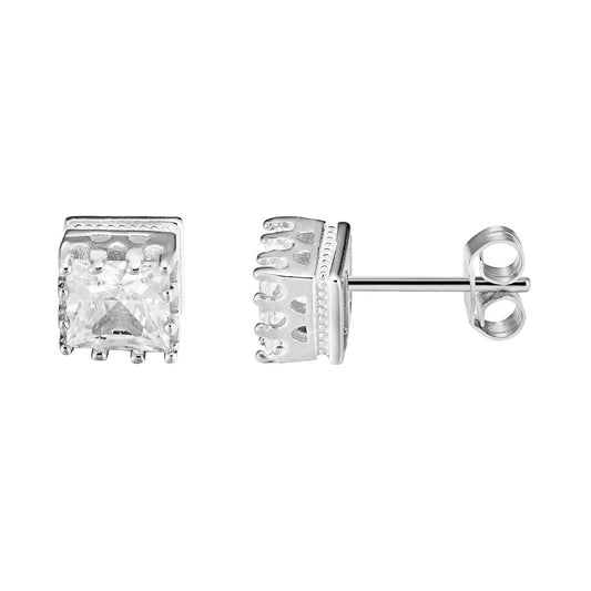 Bling Designer Square Shape Clear Solitaire Prong Sterling Silver Stud Earrings