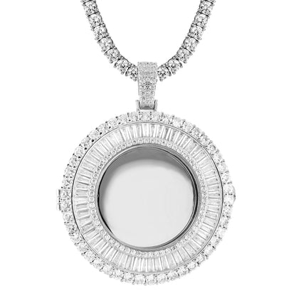 White Baguette Bling Round Picture Frame Medallion Pendant