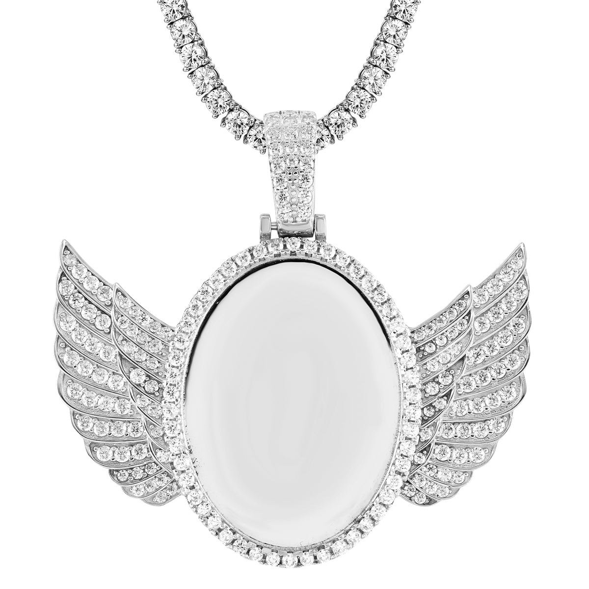 Oval Shape Silver Angel Wings Icy Picture Memory Pendant