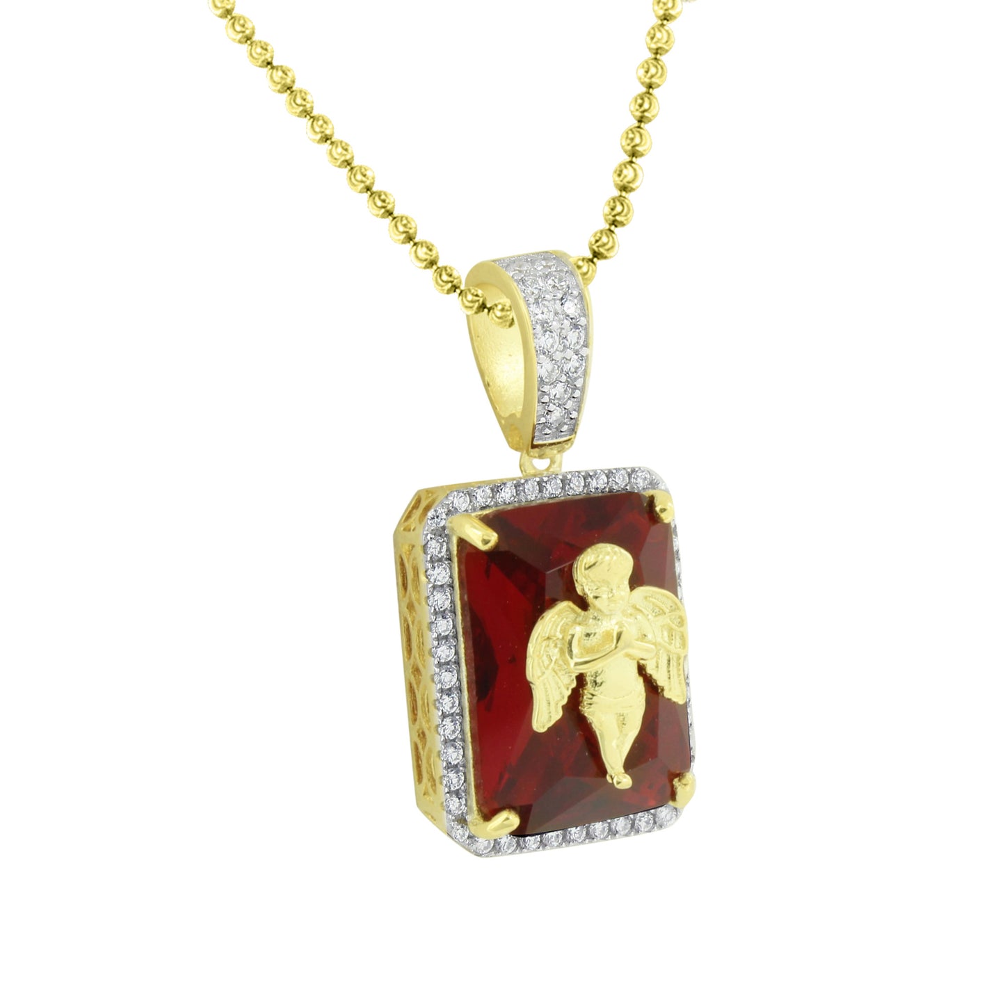 Angel On Garnet Ruby Pendant Moon Chain Gold Over 925 Silver
