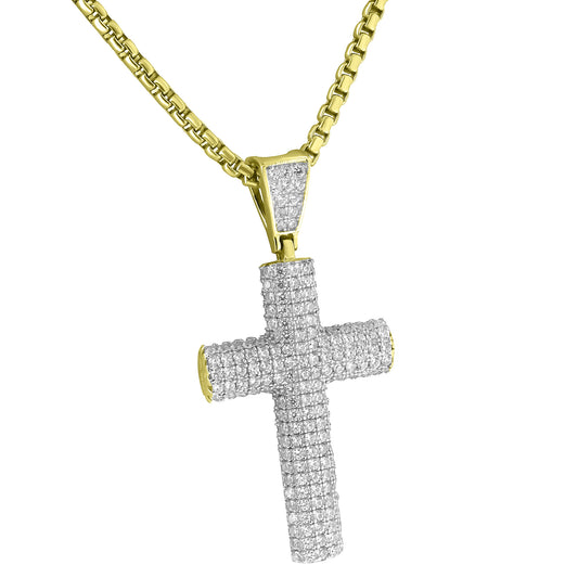 Sterling Silver Cross Pendant Pave Set Lab Diamonds 14K Gold Finish 24" Box Necklace Chain
